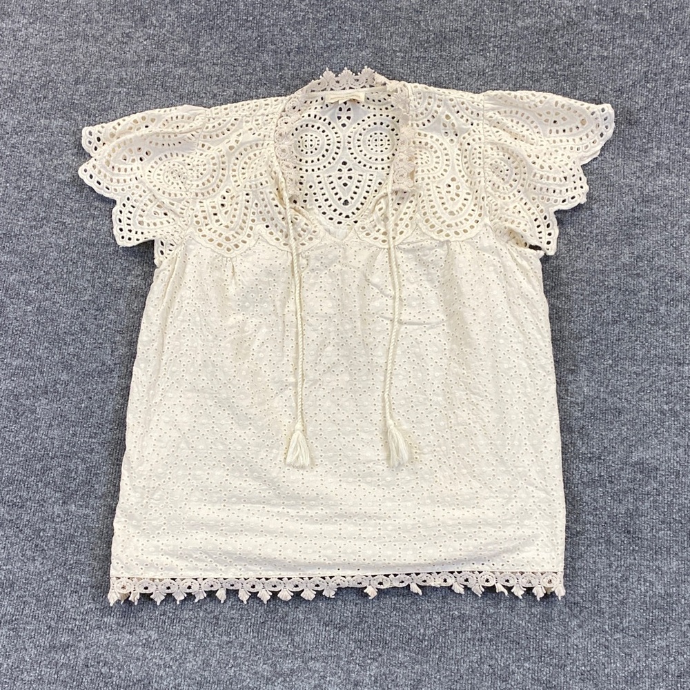 Lace Eyelet Tie-Neck Blouse in Cream Jennifer‎ & Grace 1X